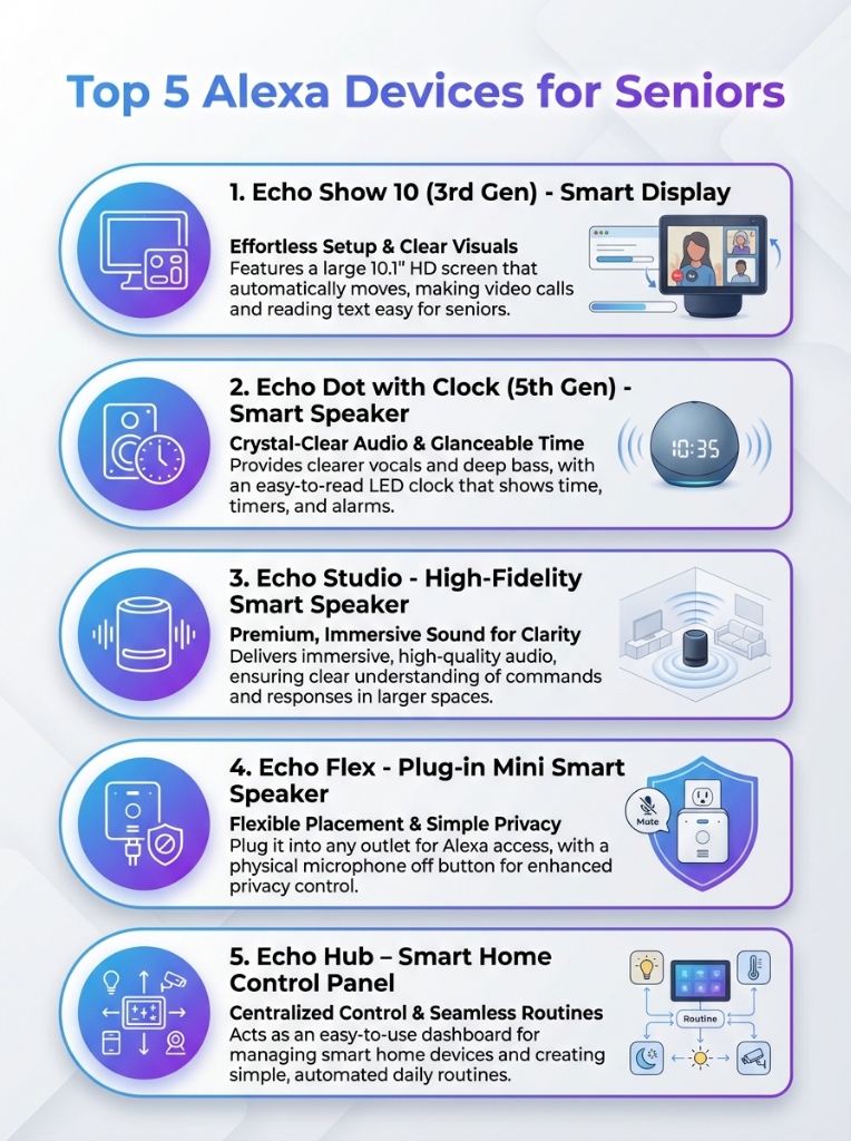 Top 5 Alexa Devices for Seniors Infographic - Top 5 Alexa devices for Seniors infographic showing features and best options for seniors.