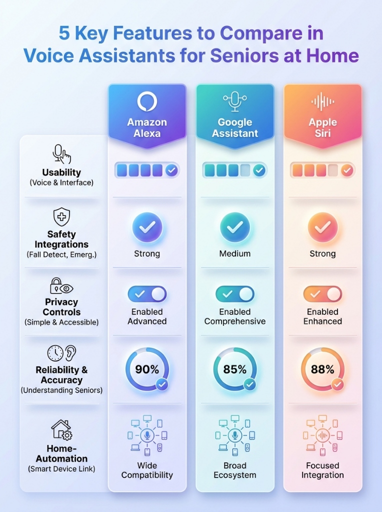 5 Key Features to Compare in Voice Assistants for Seniors at Home - Infographic showing Usability, Safety Integrations, Privacy Controls, Reliability, and Home Automation comparison between Alexa, Google Assistant, and Apple Siri.
