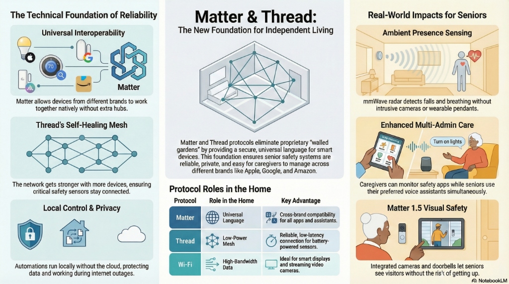 Infographic: Matter and Thread - The New Foundation for Independent Living, showing reliability, roles, and real-world impacts for seniors.